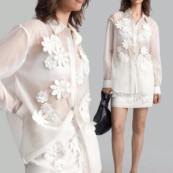 Women's Floral 3d Embellished Long Sleeve Blouse white - Picture 7 of 9